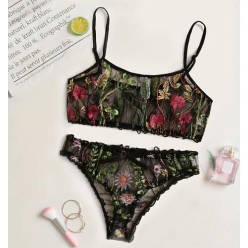Women Flower Embroidery Underwear Sets Sexy Lingerie Lace Floral Bras Lace Mesh Bra Set