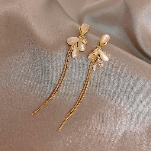 Korea ShinyOpal Flower Long Tassel Earrings for Women Girls Gold Color Metal Rhinestones Floral Hanging Dangle Earrings Brincos