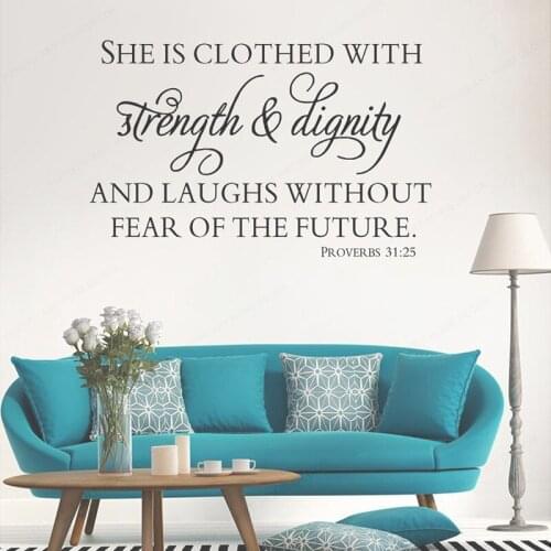 Bible Verse Art Vinyl Wall Art Sticker Mural Proverbs 31:25 Quotes Decals Bedroom Decor Living room Removable Wall Poster HL25