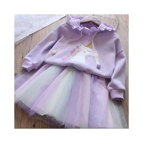 2021 autumn new girls cartoon pony hooded sweater + rainbow mesh skirt suit childrens fashion two-piece suit girls clothes