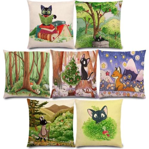 New Happy Adventure Interesting Black Cat Cute Kitty Cartoon Little Mouse Funny Kitten Fox Stars Cushion Cover Pillow Case