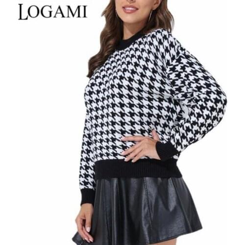 LOGAMI Geometric Plaid Knitted Pullovers and Sweaters Women Casual Retro Pullover Sweater Elegant Jumper