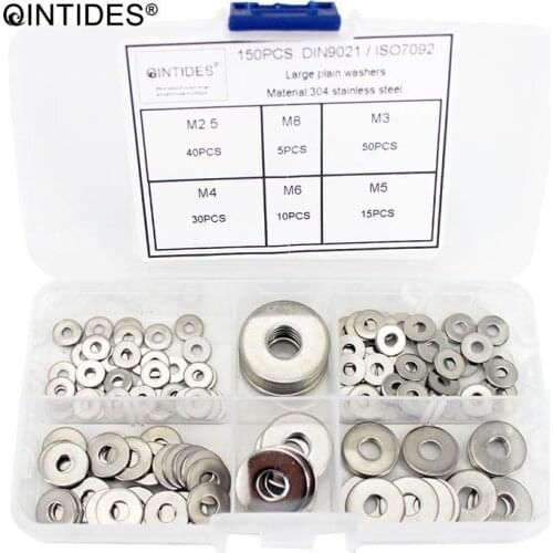 QINTIDES 150 pieces M2.5 M3 M4 M5 M6 M8 Mix Large plain washers Product grade A Assorted kit ISO7093 DIN9021 washer