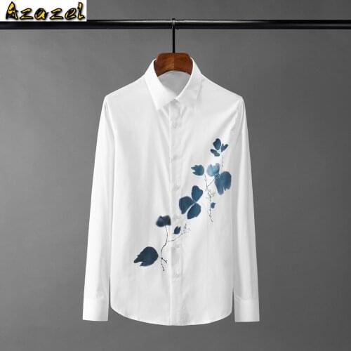 Azazel White Long Sleeve Mens Shirts High Quality Blue Flower Digital Printing Mens Dress Shirts Slim Fit Party Male Shirts 3XL