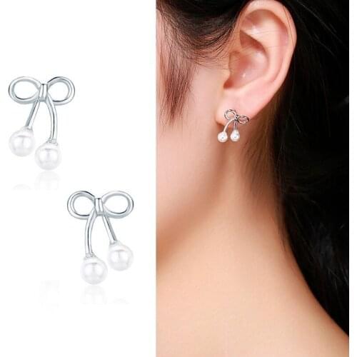 Cute 925 Sterling Silver Bowknote Shell Pearls Stud Earrings For Women Girls Child Kids Jewelry Orecchini Aros Aretes Orecchini