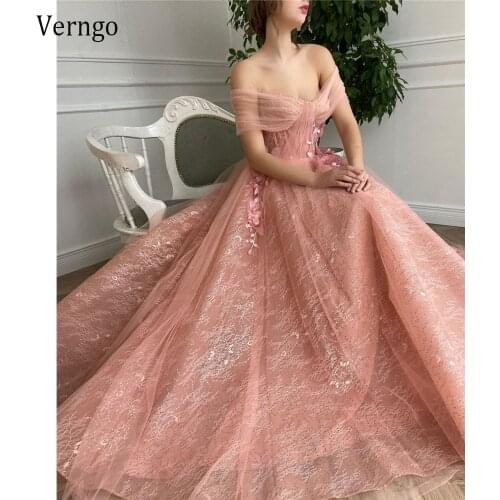 Verngo 2021 New Design Blush Pink Lace Wedding Dresses Off the Shoulder 3D Flowers A Line Garden Bridal Gowns With Pockets