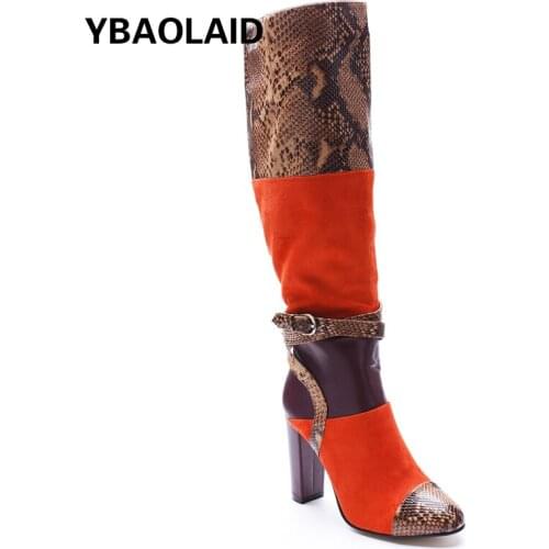 Suede Snake Print Color-blocking High-heeled Fashion Boots Autumn and Winter New Snake Print Belt Buckle Thick-heeled Boots