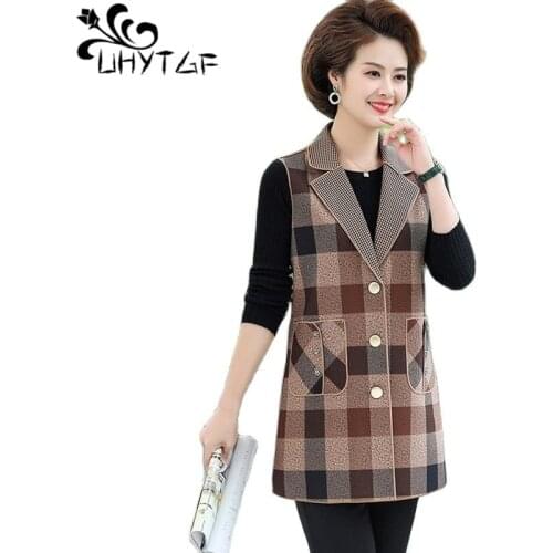 UHYTGF Mother Spring Autumn Vest Jacket Fashion Plaid Sleeveless Casual Plus Size Tops Coat Mid-Length Women Thin Waistcoat 1751