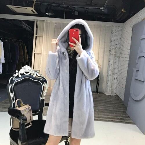 Mink Whole Fur Women Long Coat Winter Thick Slim Warm Denmark Female Mink Fur Long Hood Jacket