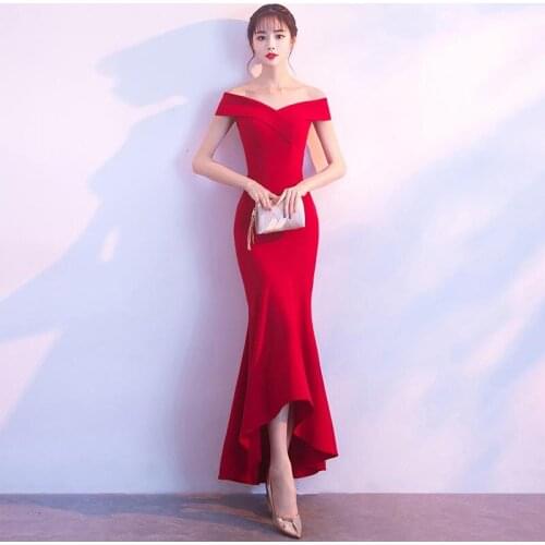 Red Mermaid Irregular Bride Evening Dress Long Sexy Chinese Wedding Gown Women Cheongsam Girl Modern Oriental Style Dresses