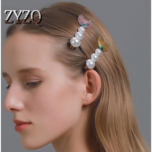 ZYZQ Mermaid Fishtail Hairpin Girl Sweet Sequin Side Clip Hairgrips Imitation Pearl Crystal Barrettes Hair Accessories Wholesale