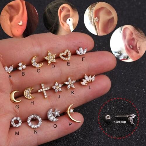 1Pc Moon Star Heart Cross Flower Crown Helix Piercing Tragus Stud Conch Earring Gold & Silver Color Cz Cartilage Stud