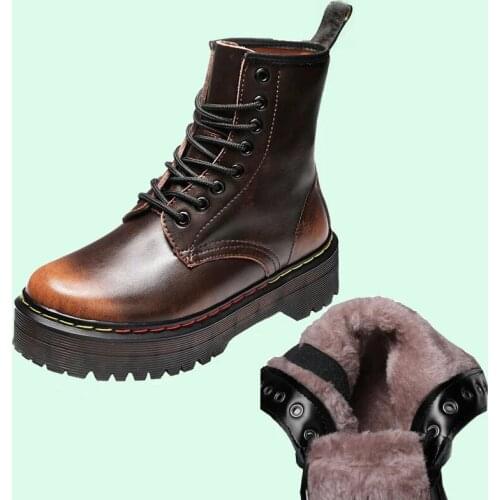 2020 Womens Martin Boots Winter Fashion Womens Boots Lace Up Calf Round Head Mid Heel Square Heel Leather Boots Women Shoes