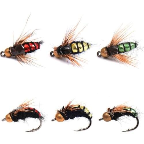 6PCS #8 Brass Bead Head Fast Sinking Nymph Scud Fly Dry Bug Worm Trout Fishing Flies Artificial Insect Fishing Bait Lure Set