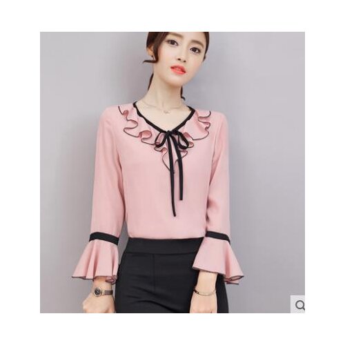 Blusas Ruffles Bow Tie Flounce Sleeve Chiffon Blouse women Round Neck Long Sleeve shirt womens tops and blouses