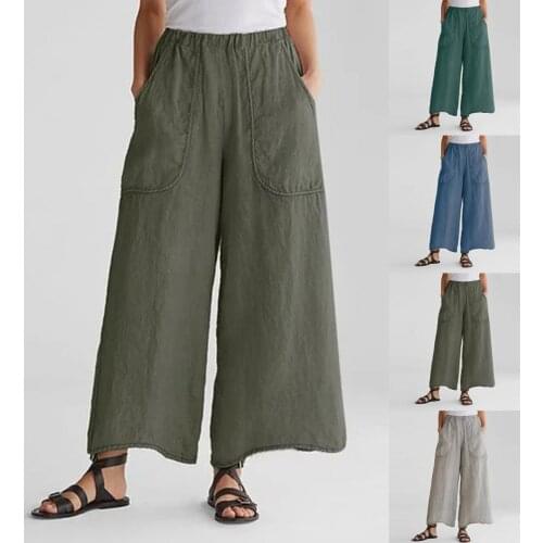 Women Pants Solid Color Wide Leg Summer Mid Waist Large Pockets Trousers for Dating