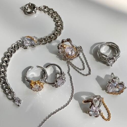Chain tied gem contrast lava texture clavicle chain necklace earrings ring female