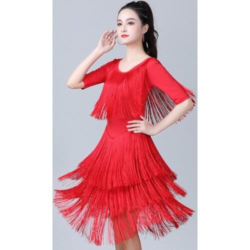 Black Latin Dance Dress Short-sleeve Latin Dance Tassel National Standard Dance Performance Practice Clothes Ballroom Costumes