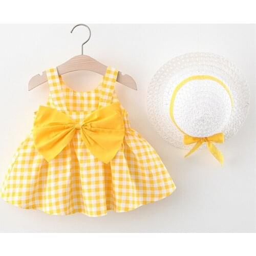 Infant Summer Dress Newborn Baby Girl Clothes Plaid Sleeveless Casual Dresses Cotton Princess Dress+Sun Hat Outfit 0-3Y
