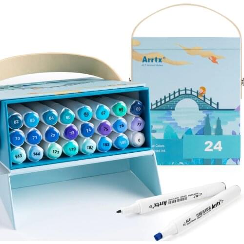 Arrtx ALP Art Marker Pen 24 Blue Colors Art Markers Double-Tip Sketch Markers Alcohol Based Ink Tones Art Supplies