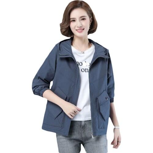 Middle-aged ladies short jacket coat female spring autumn large size loose casual zipper windbreaker hooded outwear voats ld005