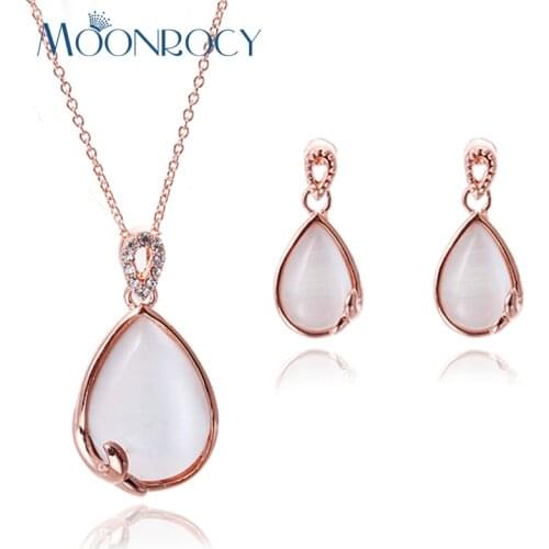 MOONROCY Free Shipping Austrian Crystal Rose Gold Color Opal Jewelry Set Waterdrop Necklace and Earring for Women Girls