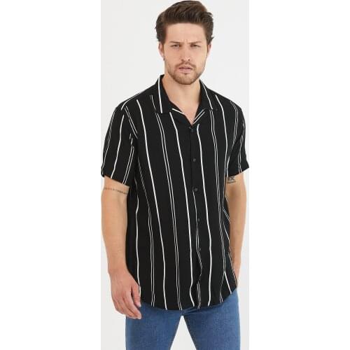 Gavazzi Black/White/Red Pattern/striped Male Draped Regular Fit V-Collar Short Sleeve Summer Shirt turkey"