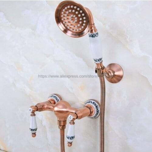 Wall Mounted Antique Red Copper Bathtub Faucet With Hand Shower Bathroom Bath Shower Faucets Nna302
