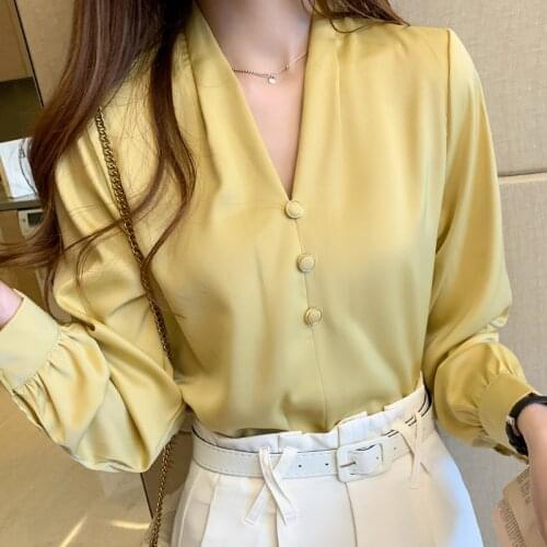 Shirt Womens Autumn 2021 New Satin Chiffon Shirt Womens Design Sense Niche Light Mature Long-sleeved V-neck Blouse