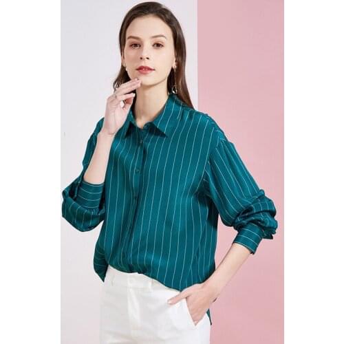 100%real silk boulses for women high quality 2020 summer green striped office shirts long sleeve casual sexy plus size loose