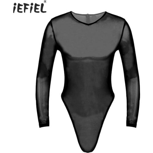 Sexy Mens See-Through Mesh Bodysuit Sleepwear Long Sleeve High Cut Thong Leotard Catsuit Back Zipper Slim Fit Jumpsuit Nightwear