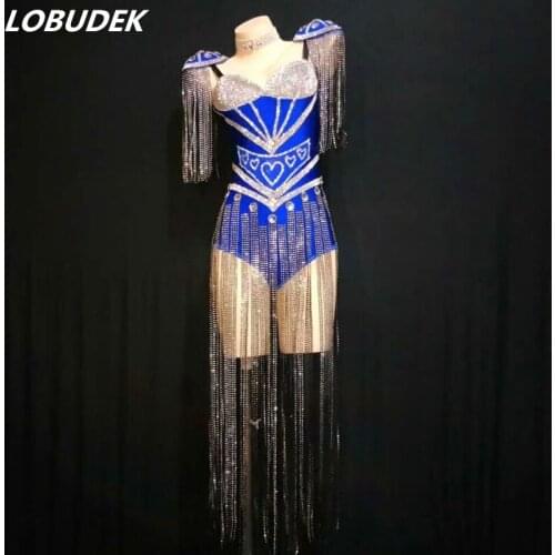 Blue Black Rhinestones Tassels Epaulet Bodysuit Sexy Fashion Female Singer Stage Wear Nightclub Dancer DJ Performance Costume