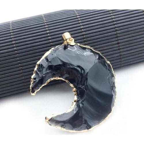 Light Yellow Gold Color Crescent Moon Pendant Many Style Black Obsidian Stone Ethnic Jewelry