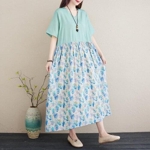 Patchwork Print Floral Cotton Linen Loose Summer Dress Office Lady OL Work Dress Women Holiday Travel Casual Beach Style Dress