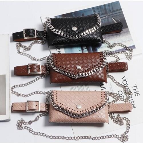Vintage Weaving Leather Weave Waist Packs Women Chain Flap Cover Phone Bag Large Plus Waist Belt with Wallet Bag Messenger Bag