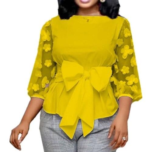 Office Ladies Summer White Work Blouse Plus Size 2020 Women Tops Shirt Mesh Flower Bow Tie Slim Elegant Fashion Female Bluas