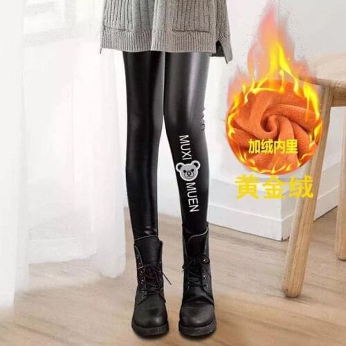 Winter Girls Leggings Kids Thick Velvet Pencil Children Warm Trousers Faux PU Slim Leather Pants