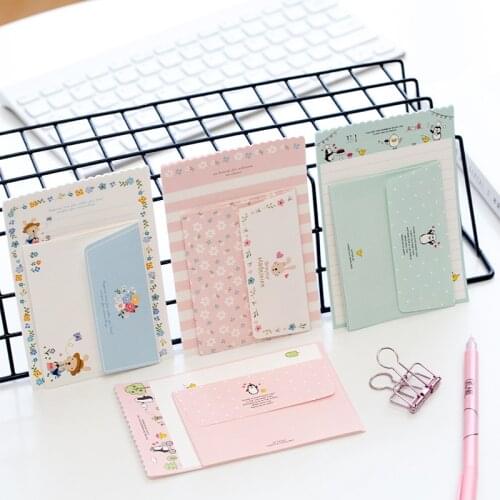 1 Set=4 Letters + 2 Envelopes Kawaii Rabbit Penguin Flower Paper Letter Stationery Set Writing Greeting Birthday Message