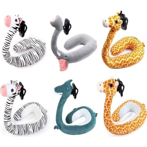 2 In 1 Travel U-Shaped Neck Pillow with Mobile Phone Holder Cartoon Animal Flexible Plush Cushion Hands Free Bracket