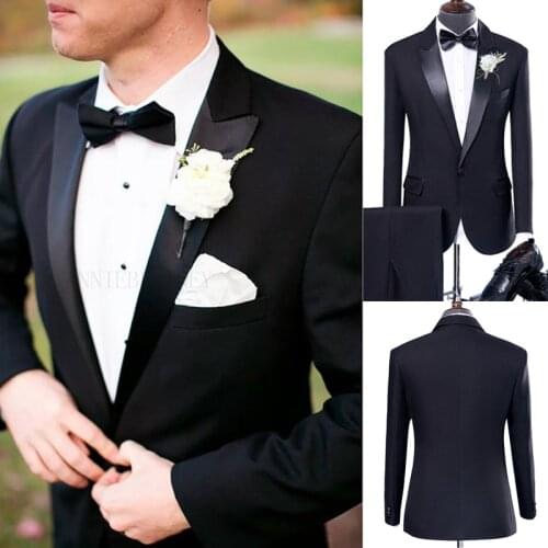 2020 Brand Black Mens Suits Classic Groom Wedding Suit 2 Pieces Set Formal Prom Dinner Blazer Dress Tuxedo Slim Fit Jacket Pants