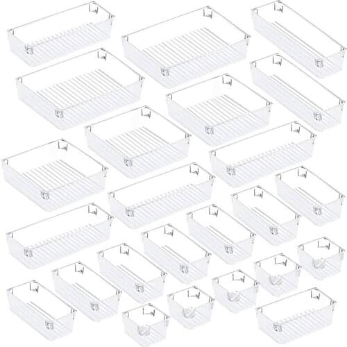 24Pcs Desk Drawer Organizer Set 5-Size Versatile Vanity and Desk Drawer Storage Bins, Clear Drawer Organizer Trays