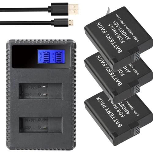3x 1250mAh AHDBT-501 AHDBT501 Hero5 Hero6 Action Camera Batteries + USB LCD Dual Charger For GoPro Action Camera Accessories