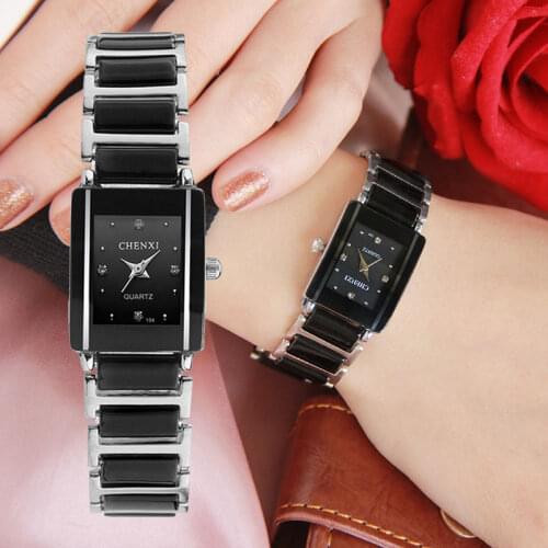CHENXI Brand Elegant Lady Black Ceramic Watch Simple Minimalism Small Narrow Quartz Casual Women Watch Rhinestone Wristwatch