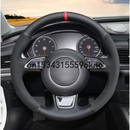 DIY Black Leather Steering Wheel Cover Custom For Audi A3 A4 A5 A6 A7 2014-2015 S6 S7 2013 Stitch On Wrap Interior Accessories