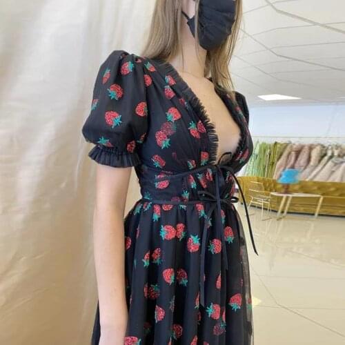 Women Mesh Dress Strawberry Embroidered Party Loose Deep V-Neck Ruffle Sequin See-through Long Dress Formal Party Dress