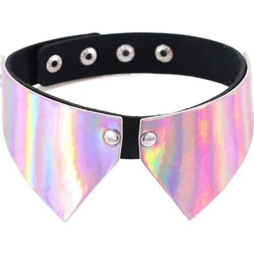 Personality fashion brand vintage women bow tie false collar necklace laser leather collar chain short collarbone chain