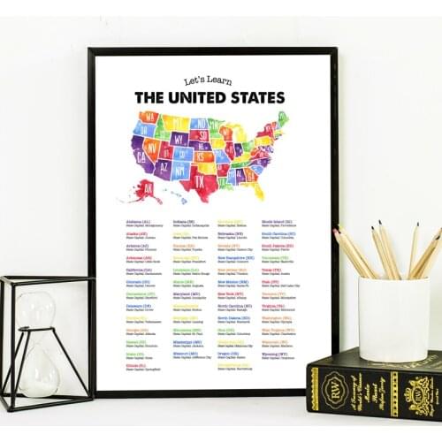 United States Map and Capitals Chart Posters Canvas Painting , America USA Wall Art Prints Educational Wall Pictures Home Decor
