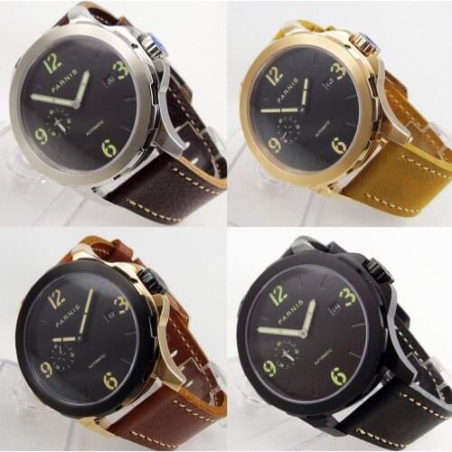 Retro Classic Mens Watch Silver Color /Gold Watch Case Auto Date 44mm Self Winding Wristwatch Sapphire Crystal