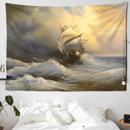 Classical Wave Sailboat Landscape Wall Tapestry Art Decoration Picture Hanging Cloth In Bedroom Living Room WallCovering