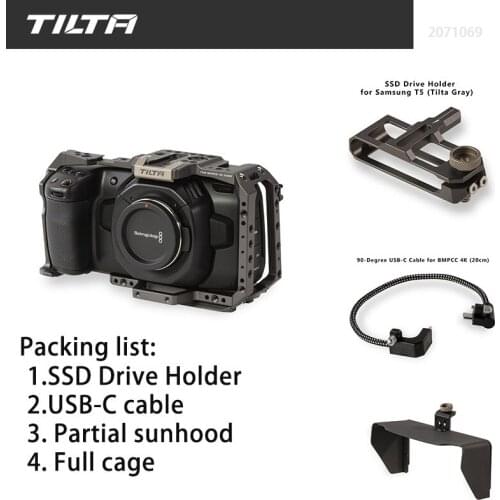 Tilta BMPCC 6K 4K Cage Full Camera Cage Partial Sunhood SSD Drive Holder 90-Degree USB-C Cable BMPCC 4K Camera Kit tilta gray